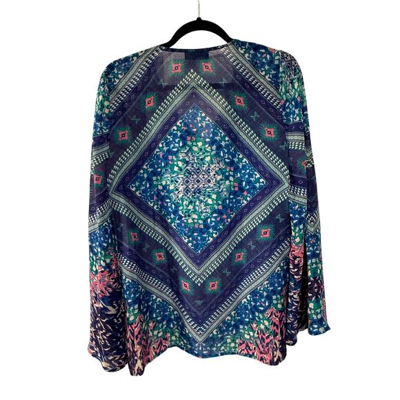 Hale Bob S 100% Silk Flowy Tunic Top $278 Beaded Button Collar Boho Blouse Blue - Picture 2 of 8